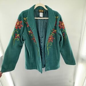 Bob Mackie‎ Wearable Art Teal Embroidered Floral Jacket Boho Western Large